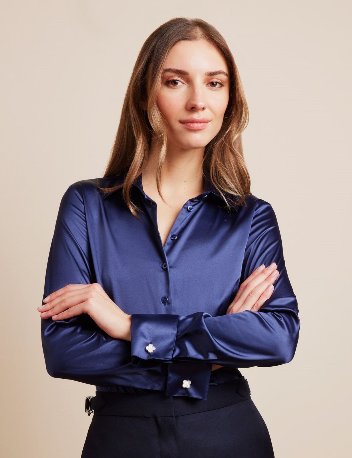 Fitted Navy Blue Satin Shirt With Double Cuffs — Trendy Navy Blue Outfits