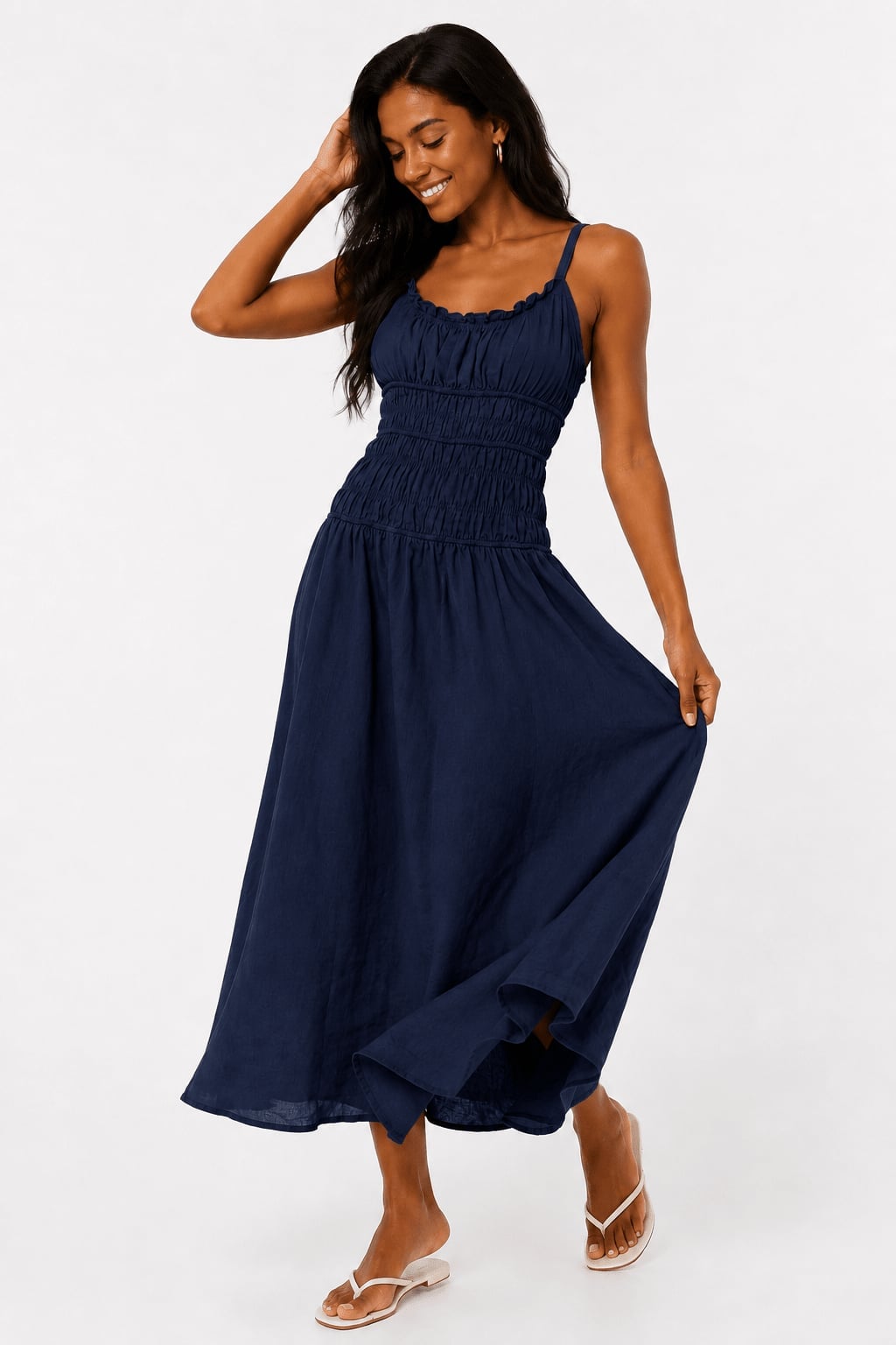 Navy Linen Midi Dress With Shirred Bodice — Trendy Navy Blue Outfits
