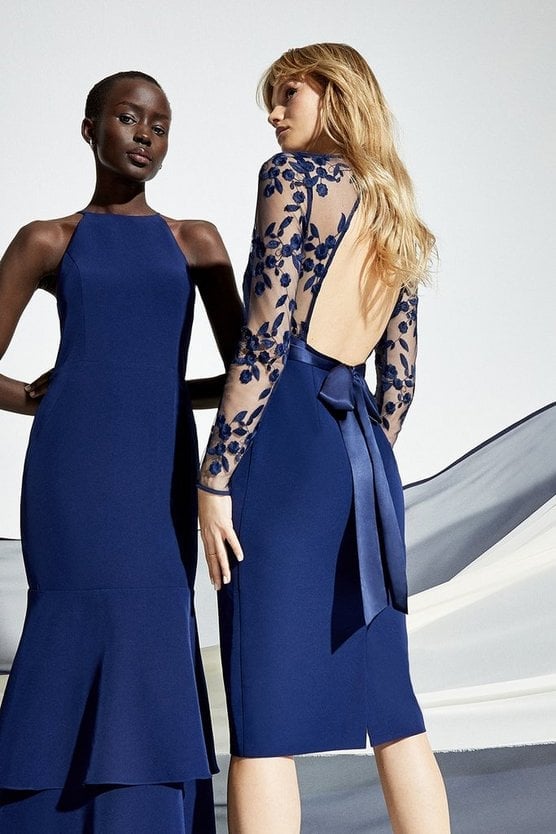 Formal Navy Midi Dress With Open Back Bow — Trendy Navy Blue Outfits