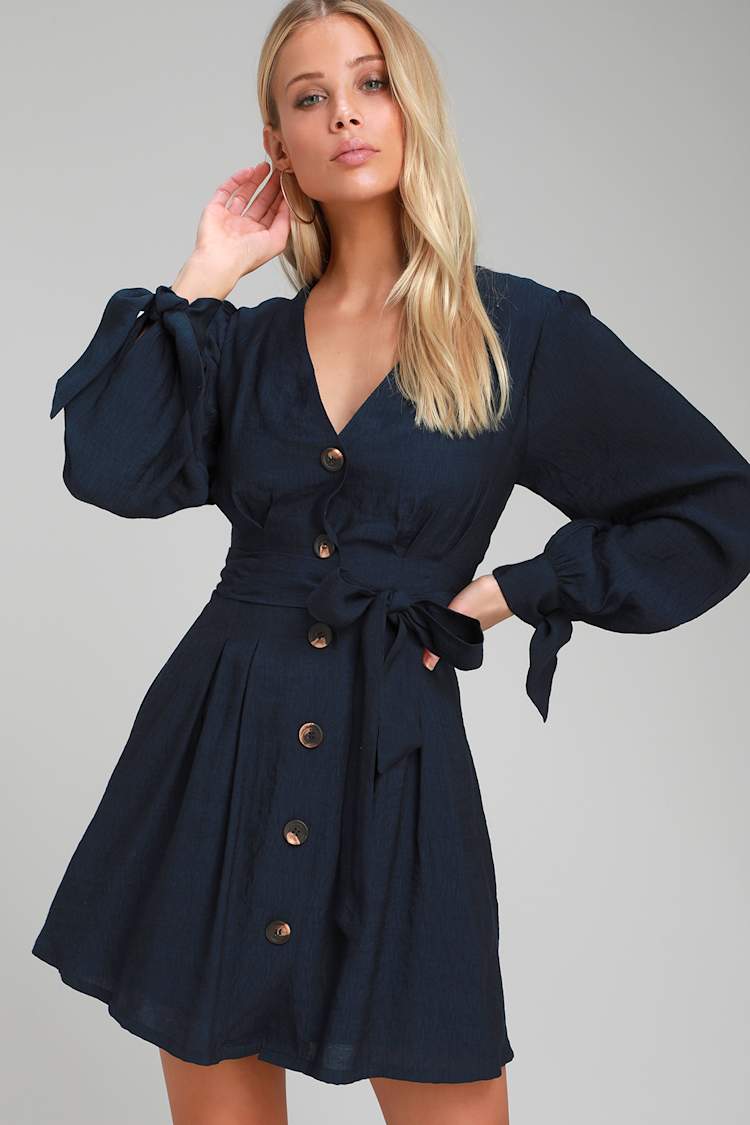 Navy Textured Dress With Button Front And Tie Cuffs — Trendy Navy Blue Outfits