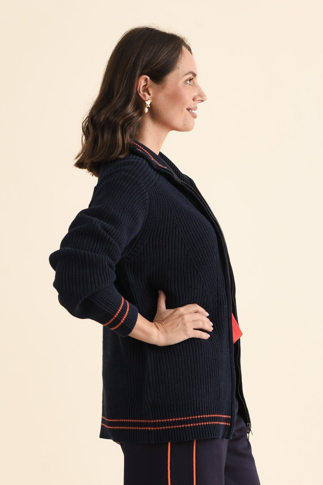 Navy Knit Cardigan With Orange Trim — Trendy Navy Blue Outfits