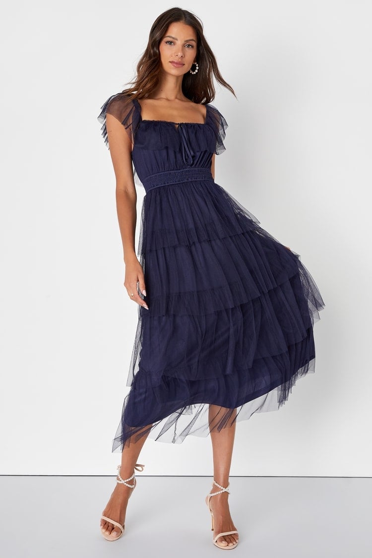 Navy Tulle Midi Dress With Square Neckline — Trendy Navy Blue Outfits