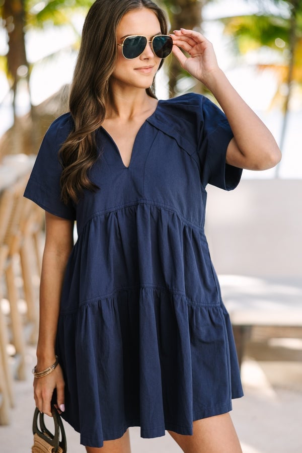 Navy Blue Babydoll Dress With Tiered Skirt — Trendy Navy Blue Outfits