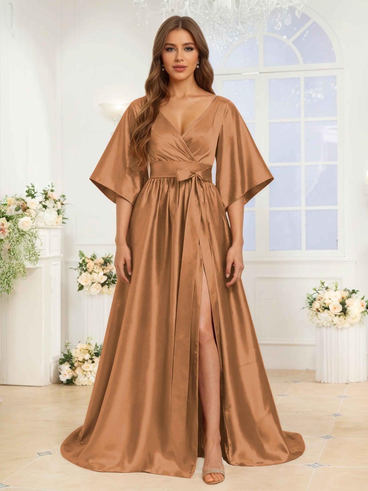 Copper Satin Deep V-Neck Belted Maxi Dress with Slit Copper Satin Deep V-Neck Belted Maxi Dress with Slit — Trendy Necklines Dress