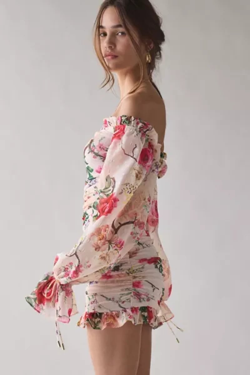 Pink Floral Mesh Off Shoulder Mini Dress with Ruched Sleeves Pink Floral Mesh Off Shoulder Mini Dress with Ruched Sleeves — Trendy Necklines Dress