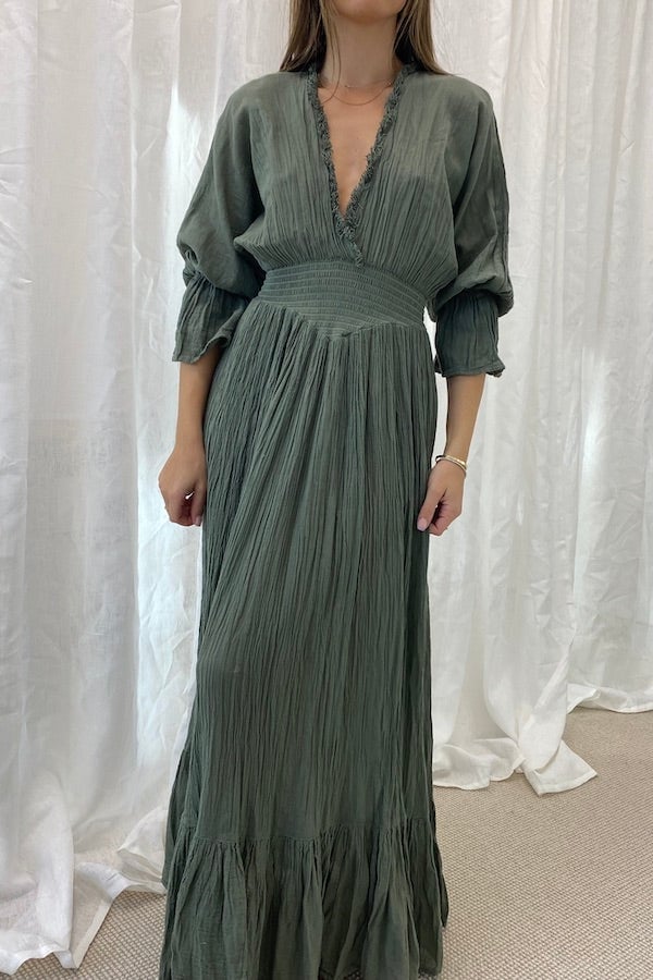 Khaki Green Crinkled Gauze V-Neck Maxi Dress Khaki Green Crinkled Gauze V-Neck Maxi Dress — Trendy Necklines Dress