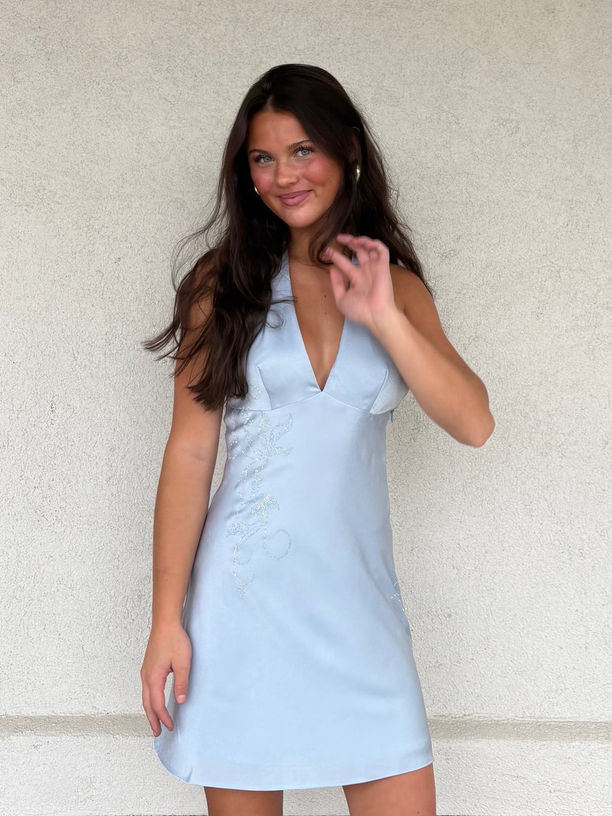 Light Blue Satin Halter Neck Mini Dress with Embroidery Light Blue Satin Halter Neck Mini Dress with Embroidery — Trendy Necklines Dress