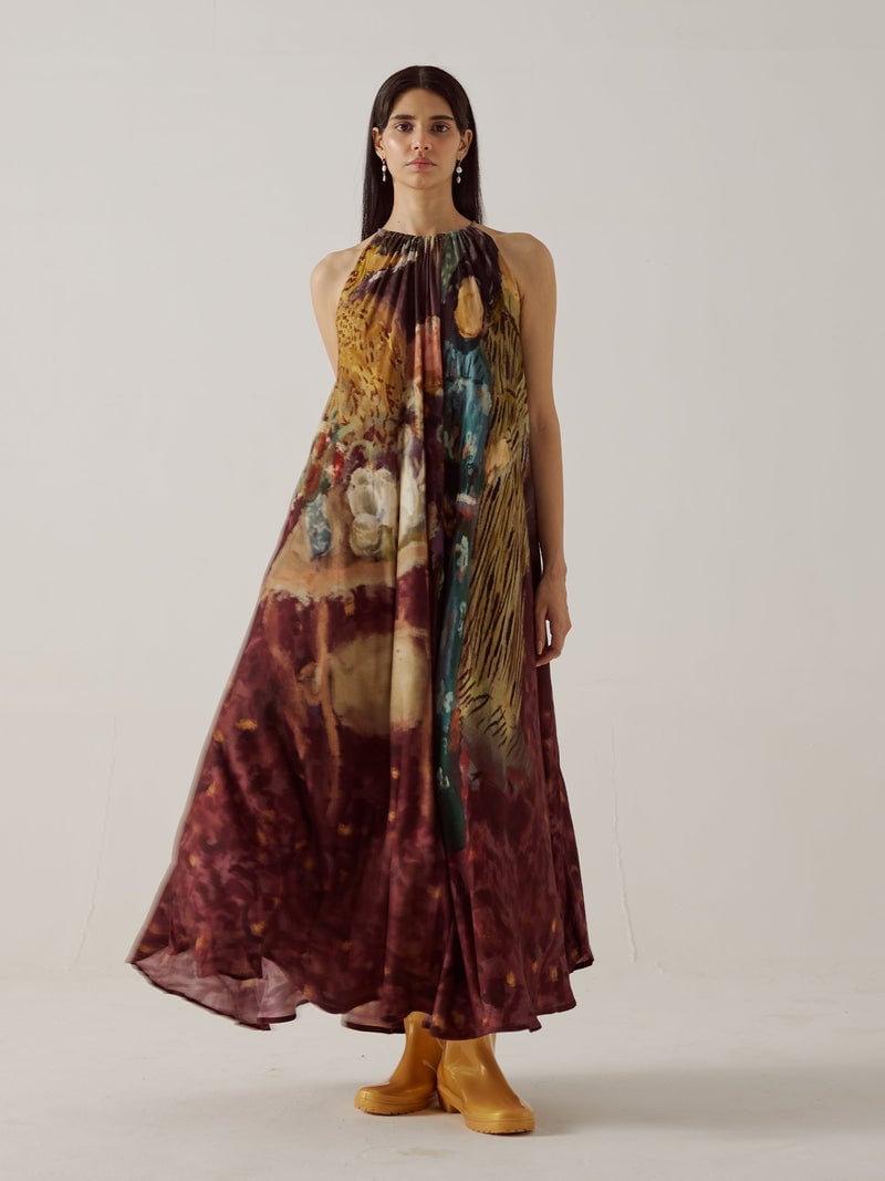 Artistic Print Halter Neck Chiffon Maxi Dress Artistic Print Halter Neck Chiffon Maxi Dress — Trendy Necklines Dress