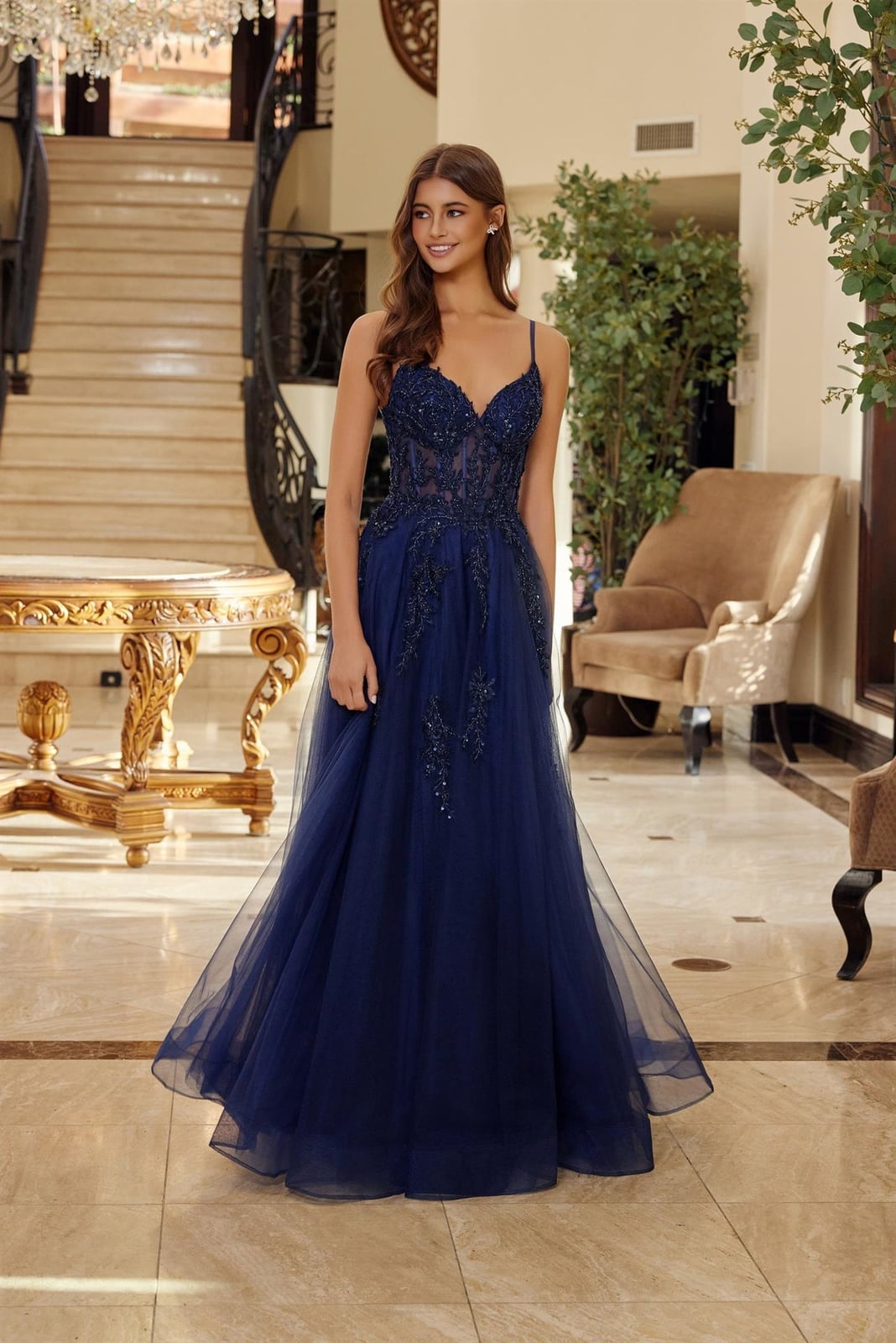 Navy Blue Tulle Gown with Lace Bodice and V-Neck Navy Blue Tulle Gown with Lace Bodice and V-Neck — Trendy Necklines Dress