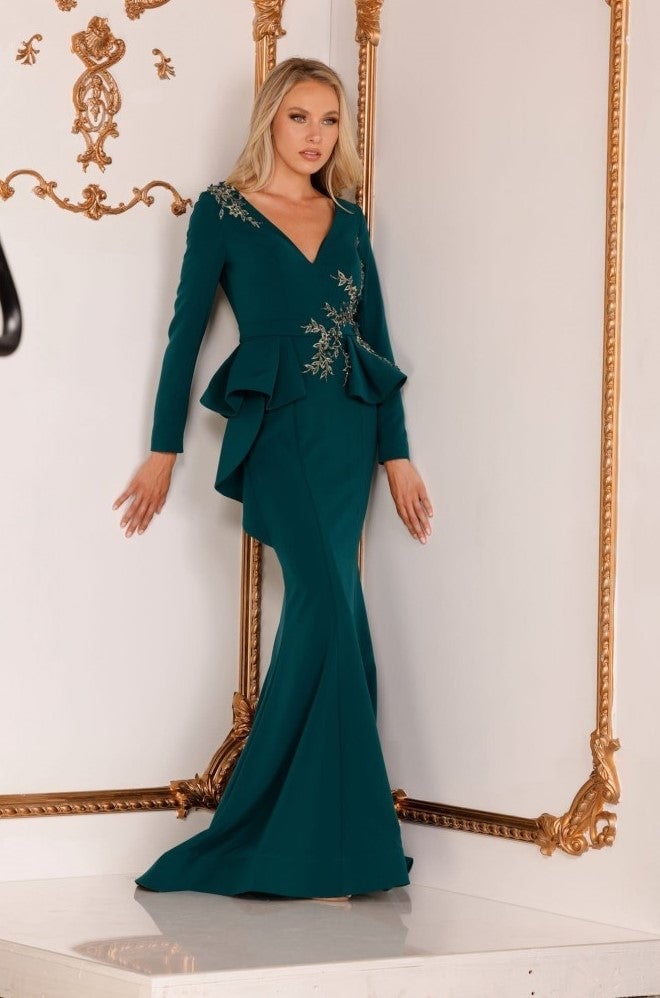 Teal Crepe Mermaid Gown with Peplum Waist, Close-Up Take Teal Crepe Mermaid Gown with Peplum Waist, Close-Up Take — Trendy Necklines Dress