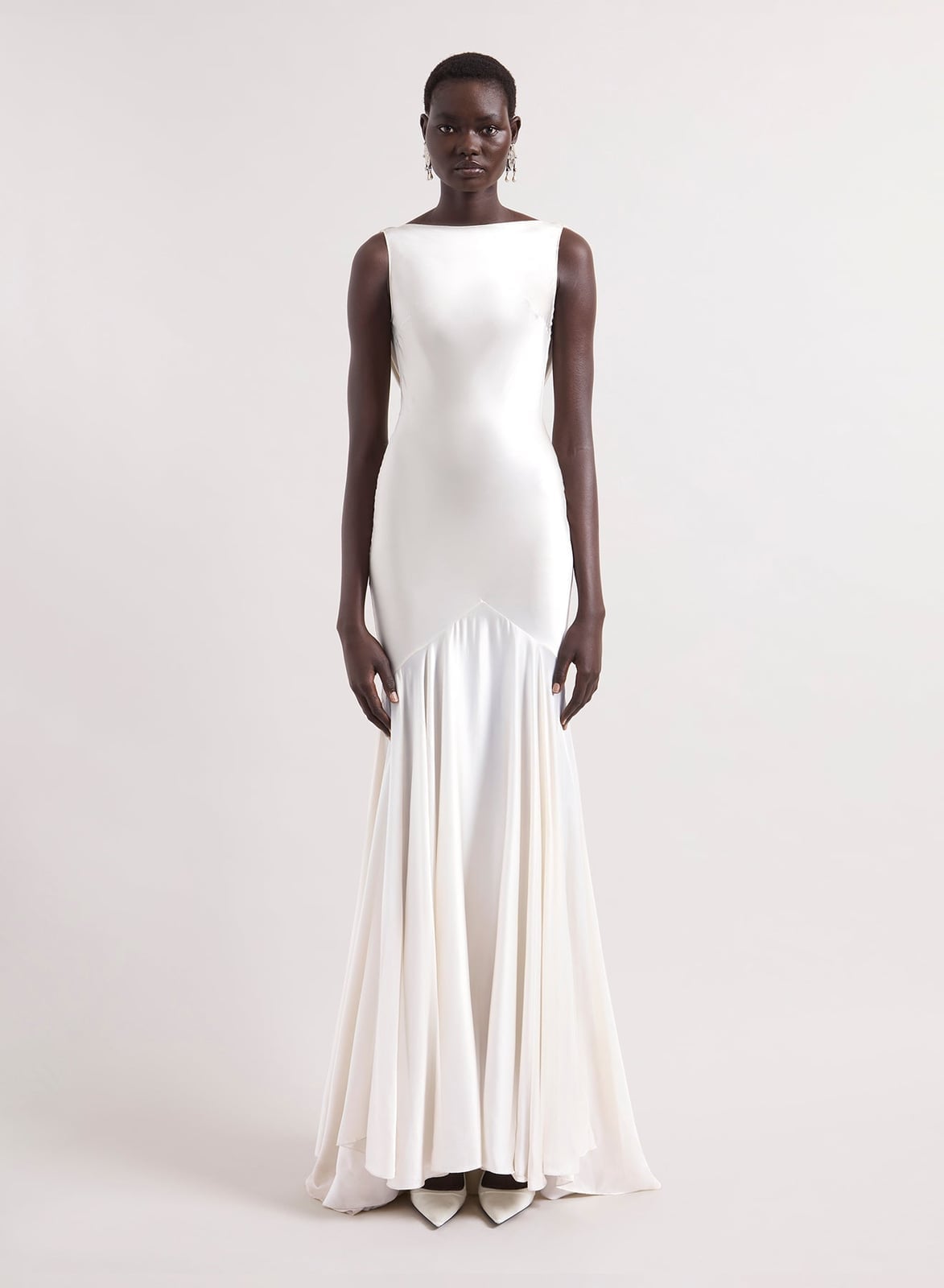 White Satin Boat Neck Fishtail Gown, Close-Up Take White Satin Boat Neck Fishtail Gown, Close-Up Take — Trendy Necklines Dress