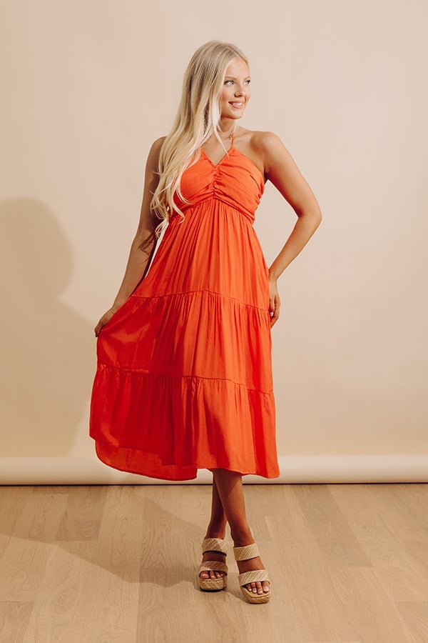 Orange Tiered Halter Neck Midi Dress Orange Tiered Halter Neck Midi Dress — Trendy Necklines Dress