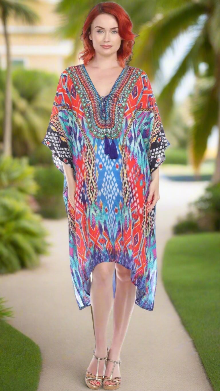 Multicolor Geometric Print Kaftan Dress with Tassel Detail Multicolor Geometric Print Kaftan Dress with Tassel Detail — Trendy Necklines Dress