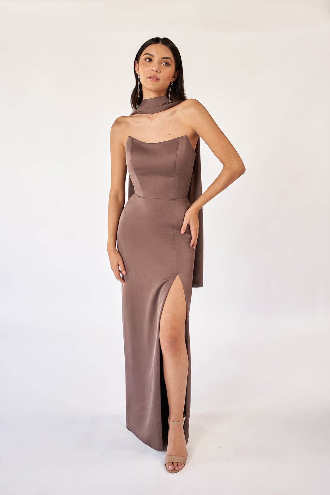 Taupe Satin Sweetheart Neck Gown with Scarf Detail Taupe Satin Sweetheart Neck Gown with Scarf Detail — Trendy Necklines Dress