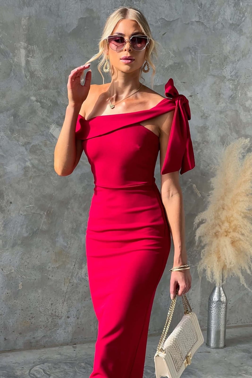 Bright Red One Shoulder Midi Dress with Bow Detail Bright Red One Shoulder Midi Dress with Bow Detail — Trendy Necklines Dress