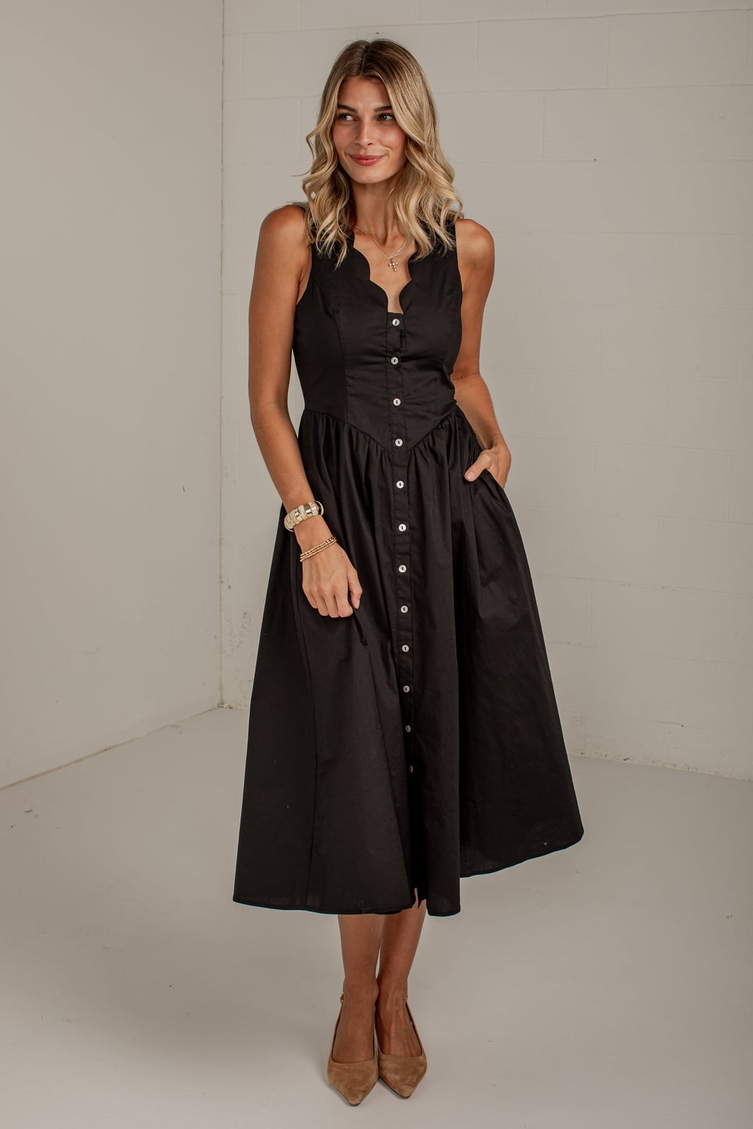 Black Scalloped Button Front A-Line Maxi Dress Black Scalloped Button Front A-Line Maxi Dress — Trendy Necklines Dress