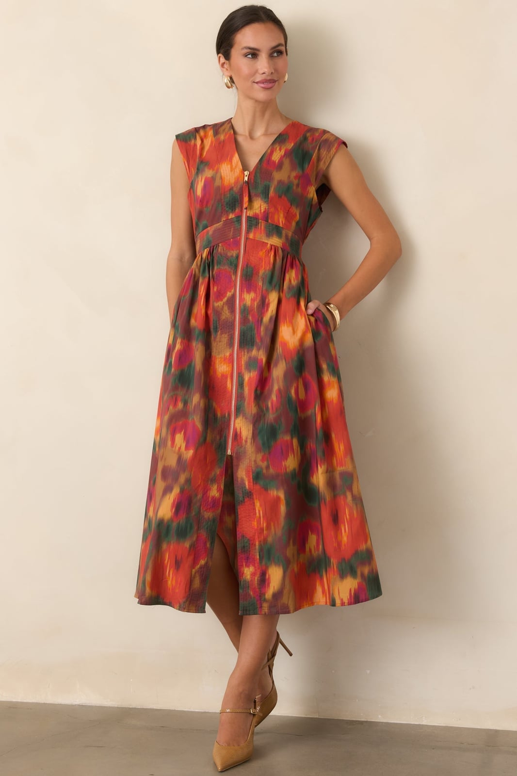 Abstract Print V-Neck Zip Front Midi Dress Abstract Print V-Neck Zip Front Midi Dress — Trendy Necklines Dress