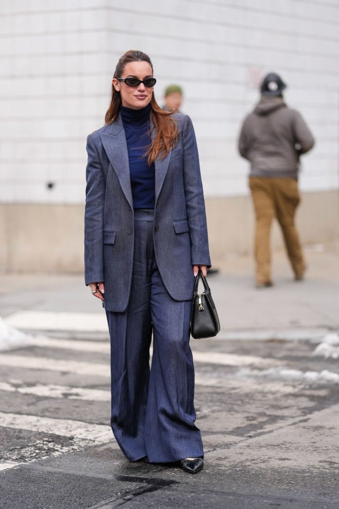 Oversized Denim Suit with Navy Turtleneck Oversized Denim Suit with Navy Turtleneck — Trendy Office Siren Outfits