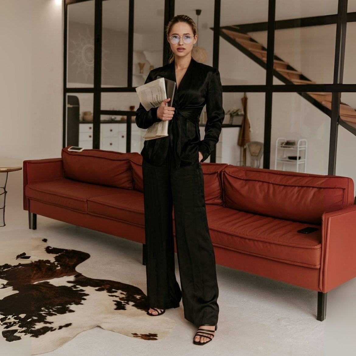 Monochromatic Black Satin Blazer and Wide-Leg Trousers Monochromatic Black Satin Blazer and Wide-Leg Trousers — Trendy Office Siren Outfits
