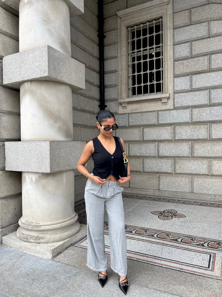 Black Sleeveless Vest with Gray Wide-Leg Trousers Black Sleeveless Vest with Gray Wide-Leg Trousers — Trendy Office Siren Outfits