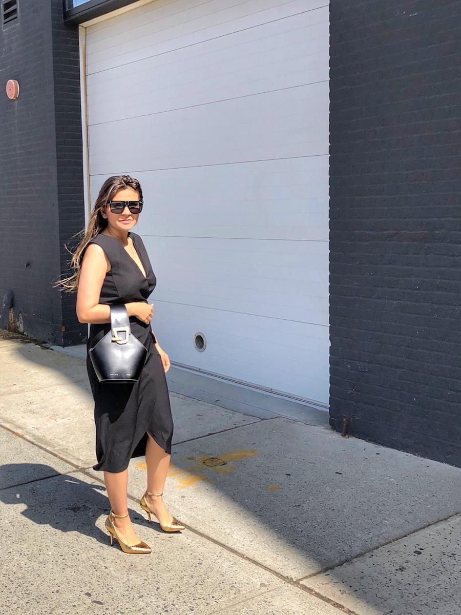 Black Sleeveless Midi Dress with Gold Heels Black Sleeveless Midi Dress with Gold Heels — Trendy Office Siren Outfits