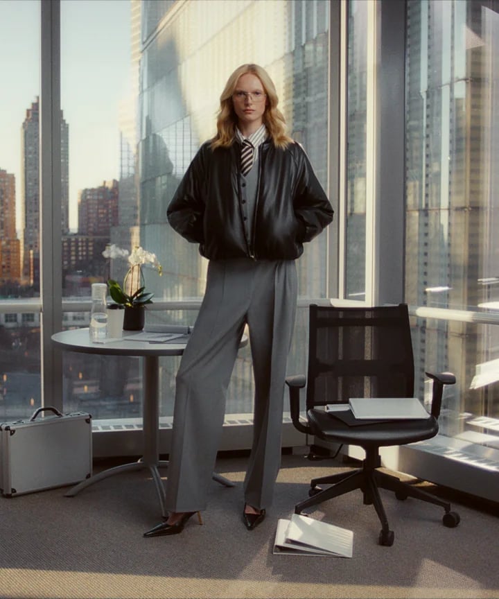 Leather Bomber Jacket Over Waistcoat and Wide-Leg Trousers Leather Bomber Jacket Over Waistcoat and Wide-Leg Trousers — Trendy Office Siren Outfits