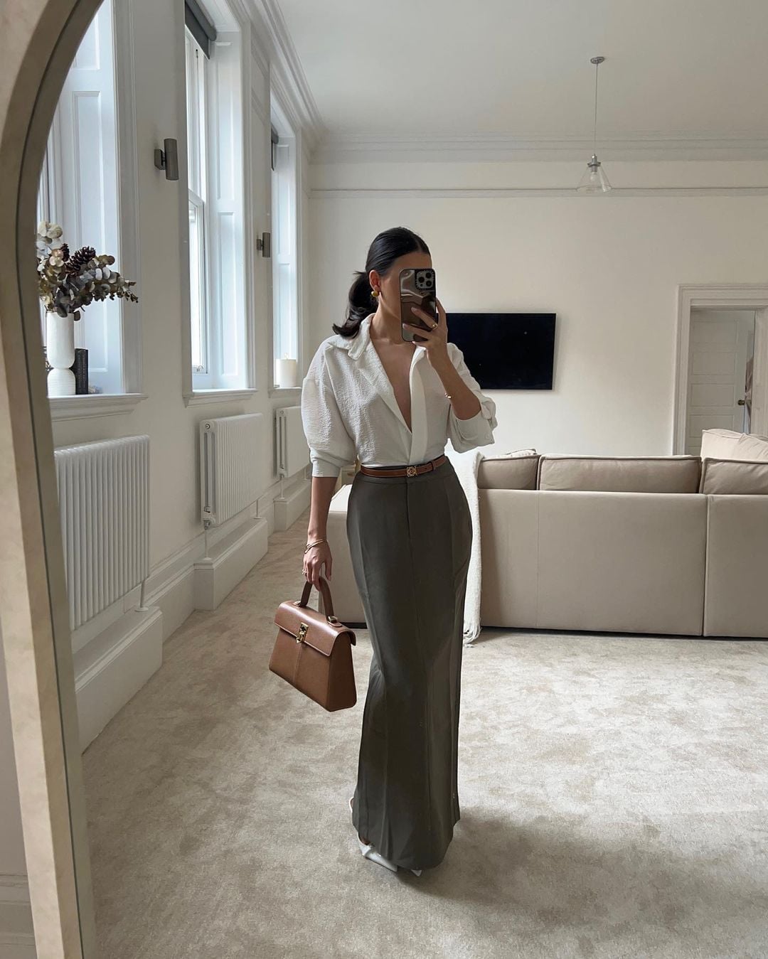 White Button-Down Shirt with Olive Green Maxi Skirt White Button-Down Shirt with Olive Green Maxi Skirt — Trendy Office Siren Outfits