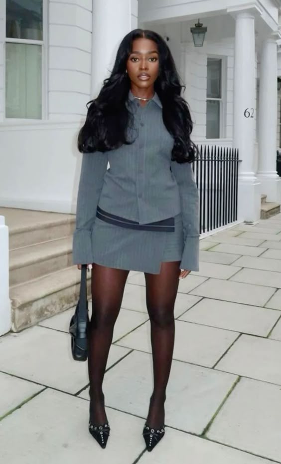 Gray Mini Skirt Suit with Asymmetrical Detail Gray Mini Skirt Suit with Asymmetrical Detail — Trendy Office Siren Outfits