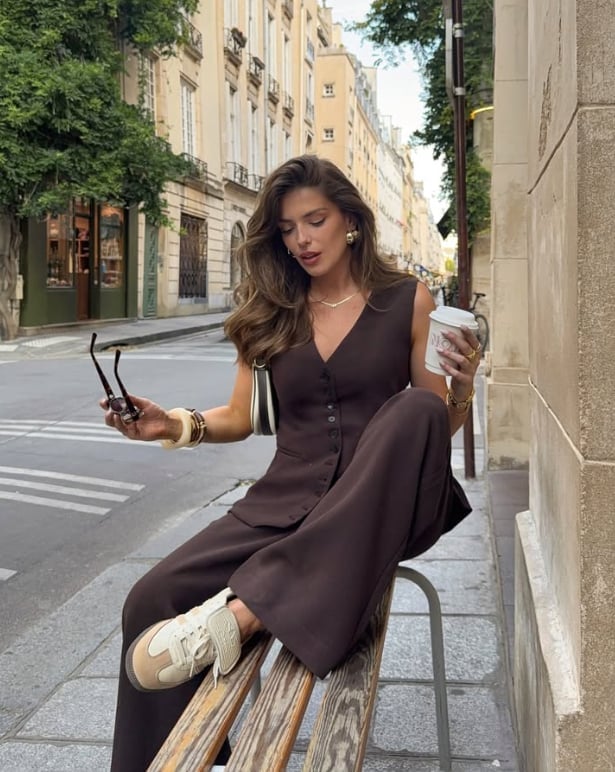 Brown Vest with Beige Sneakers and Wide-Leg Trousers — Trendy Old Money Outfits