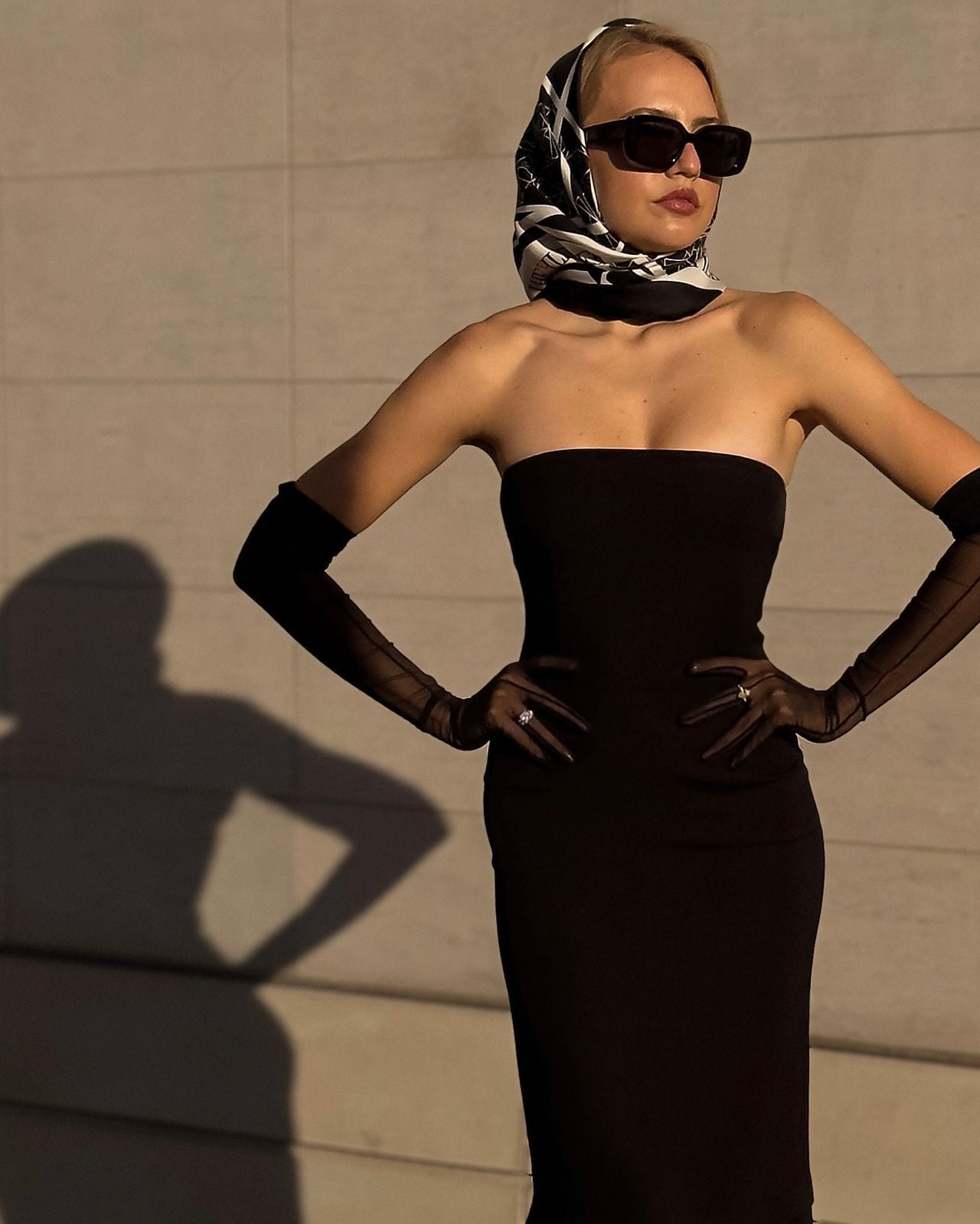 Black Strapless Dress with Sheer Opera Gloves and Silk Scarf — Trendy Old Money Outfits