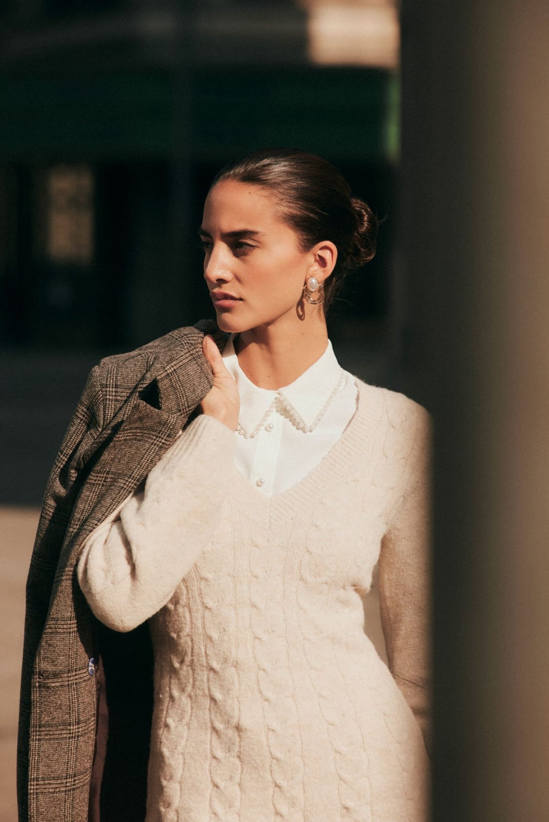 Cream Cable-Knit Sweater Over Pearl-Embellished Shirt with Plaid — Trendy Old Money Outfits