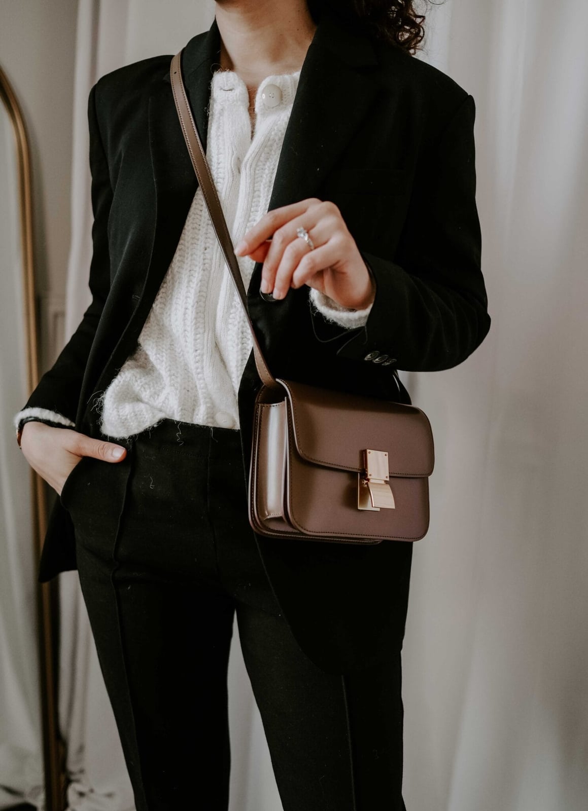 Black Blazer with Cable-Knit Sweater and Black Trousers — Trendy Old Money Outfits