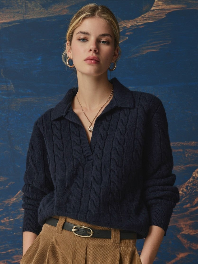 Navy Cable Knit Polo with Tan Trousers and Gold Jewelry — Trendy Old Money Outfits