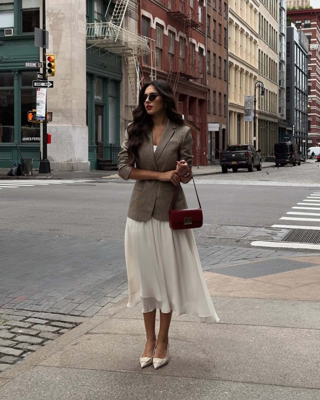 Brown Tweed Blazer Over Cream Midi Dress with Pumps — Trendy Old Money Outfits
