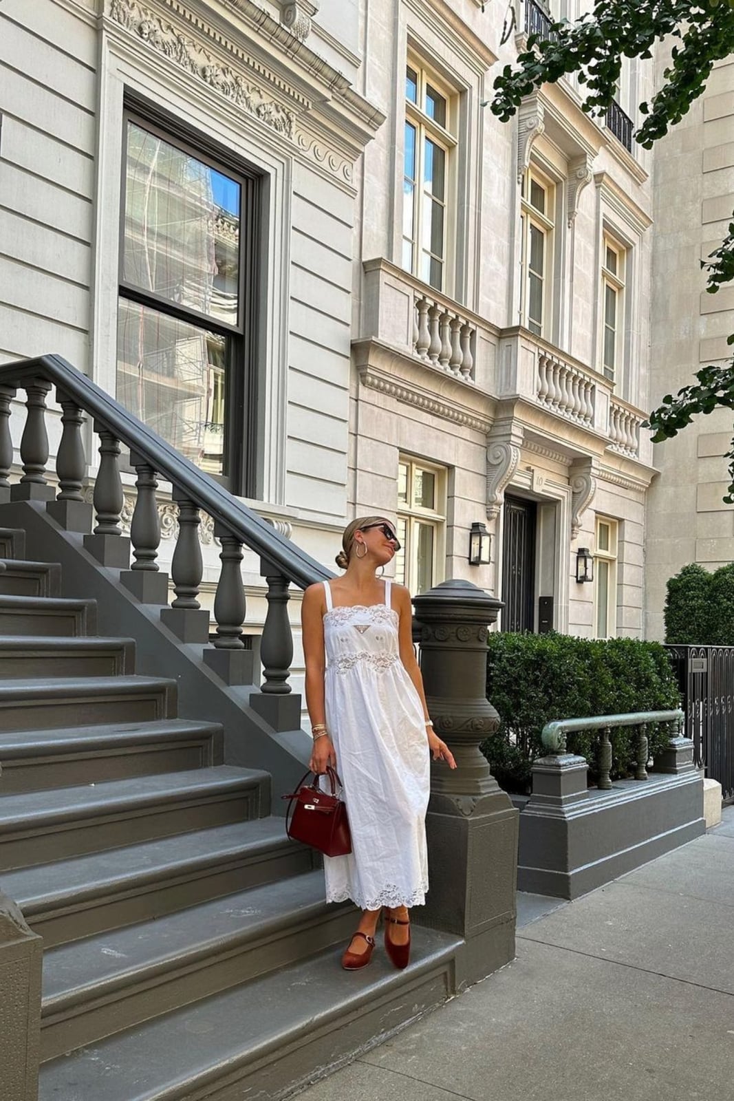 White Lace-Trimmed A-line Dress with Red Pumps and Handbag — Trendy Old Money Outfits