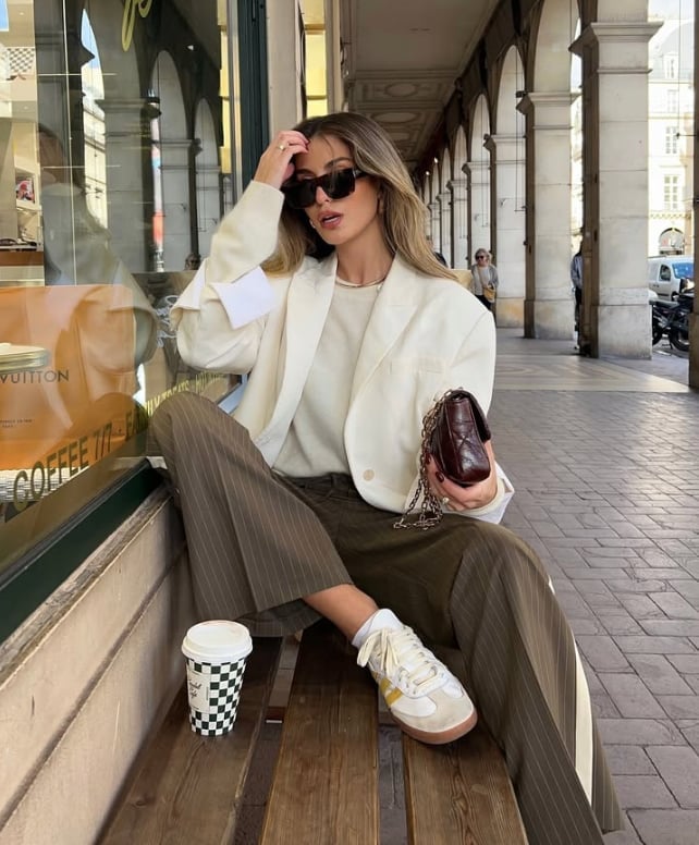 Oversized Blazer with Pinstripe Trousers and Knit Sweater — Trendy Old Money Outfits