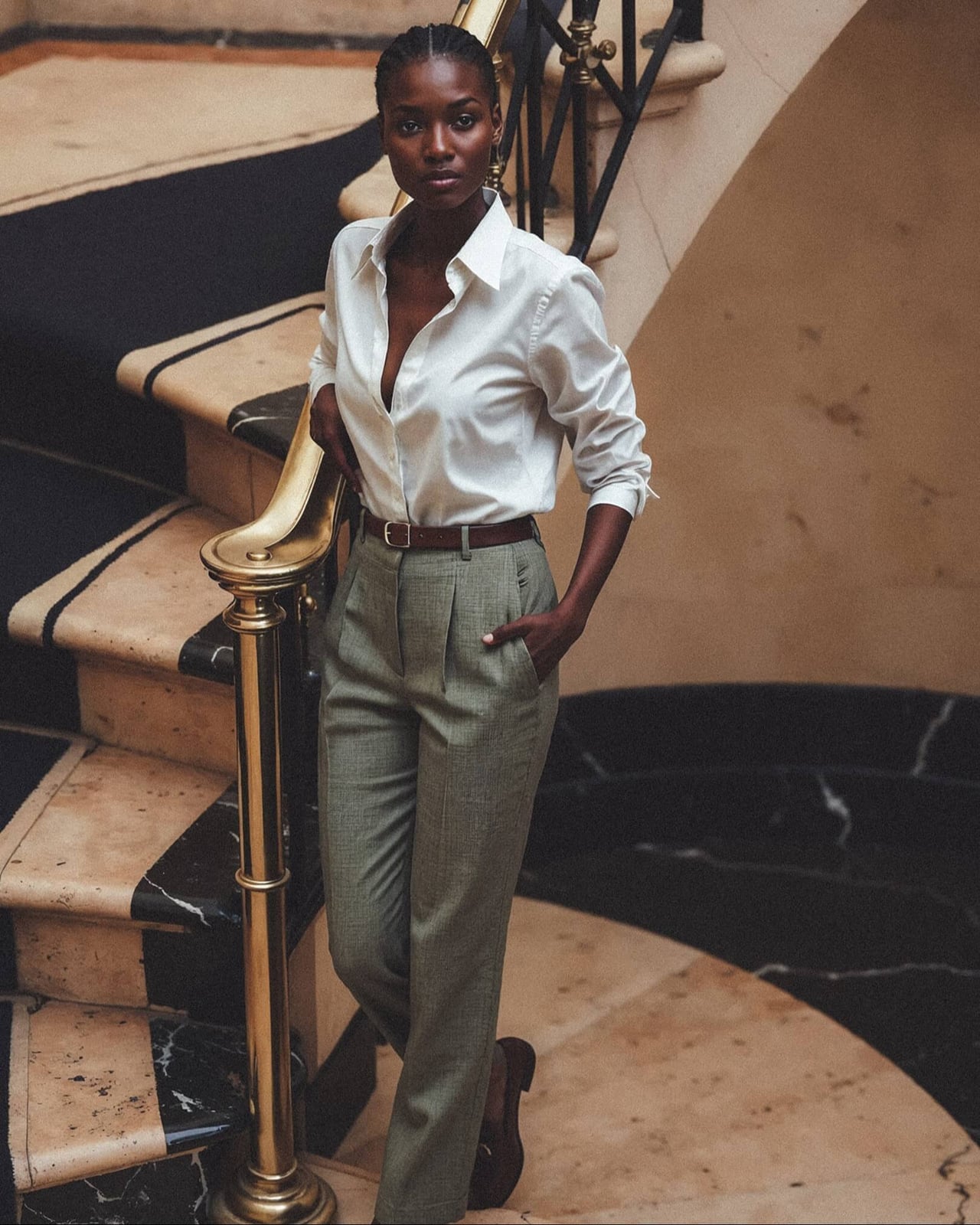 White Silk Shirt with Gray Pleated Trousers and Brown Belt — Trendy Old Money Outfits