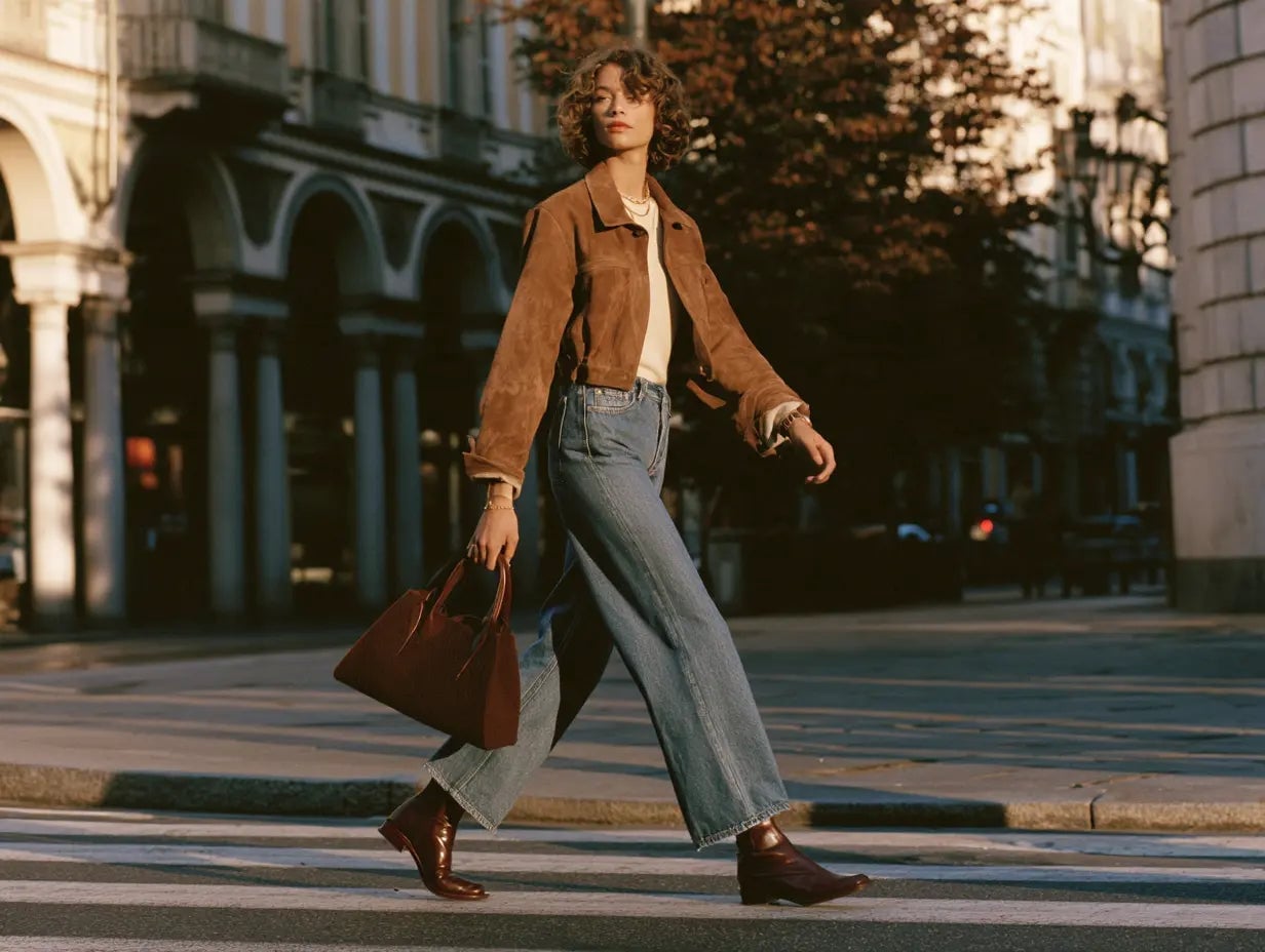 Brown Suede Jacket with Wide-Leg Jeans and Ankle Boots — Trendy Old Money Outfits