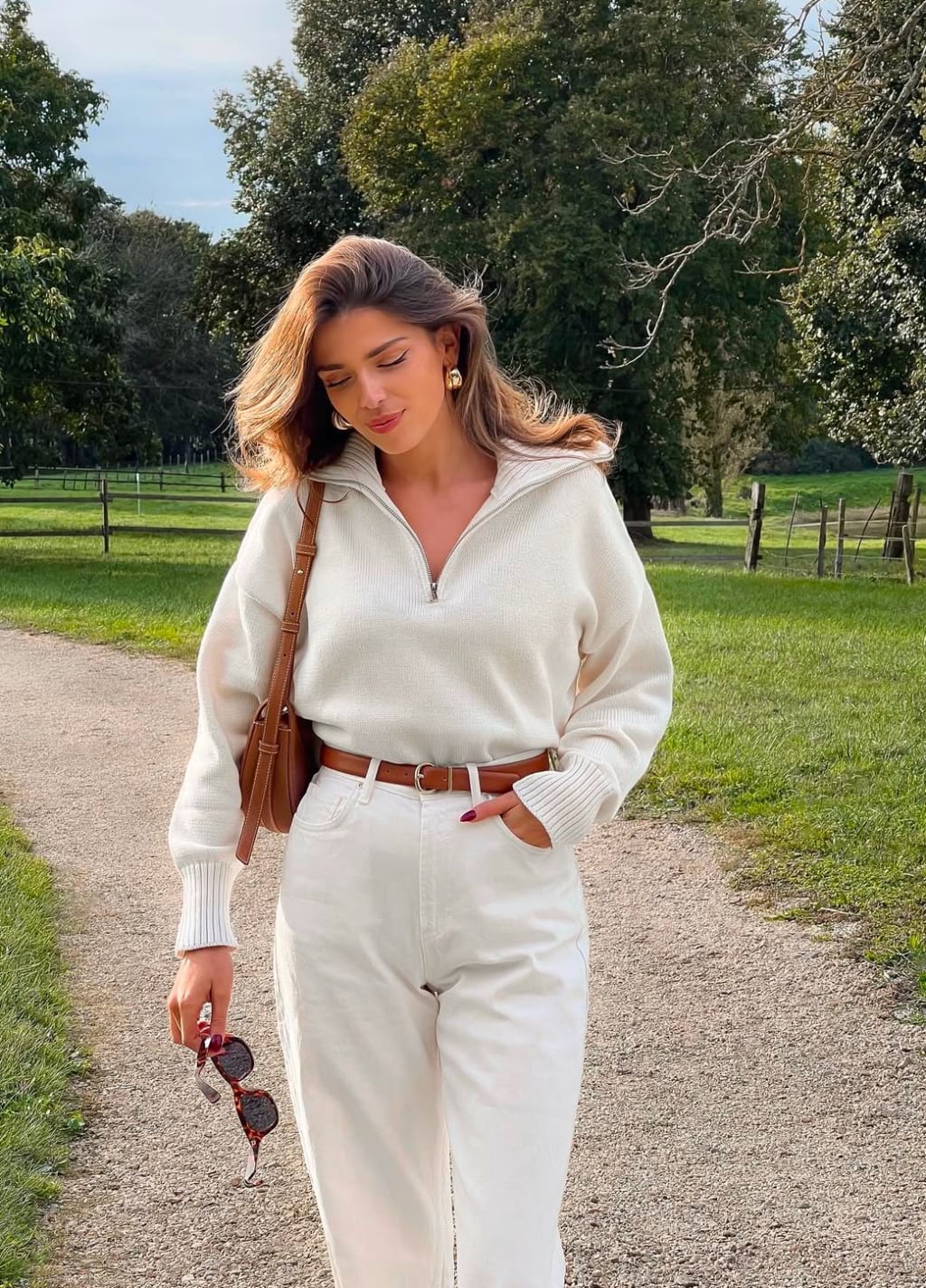 Cream Quarter-Zip Sweater with Straight-Leg Trousers and Brown Belt — Trendy Old Money Outfits