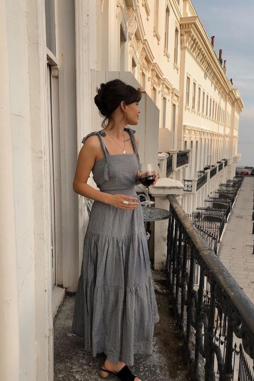 Gray Gingham Tiered Maxi Dress with Black Flat Sandals — Trendy Old Money Outfits