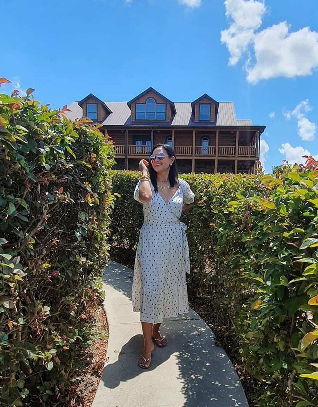 White Polka Dot Wrap Dress with Brown Flat Sandals — Trendy Old Money Outfits