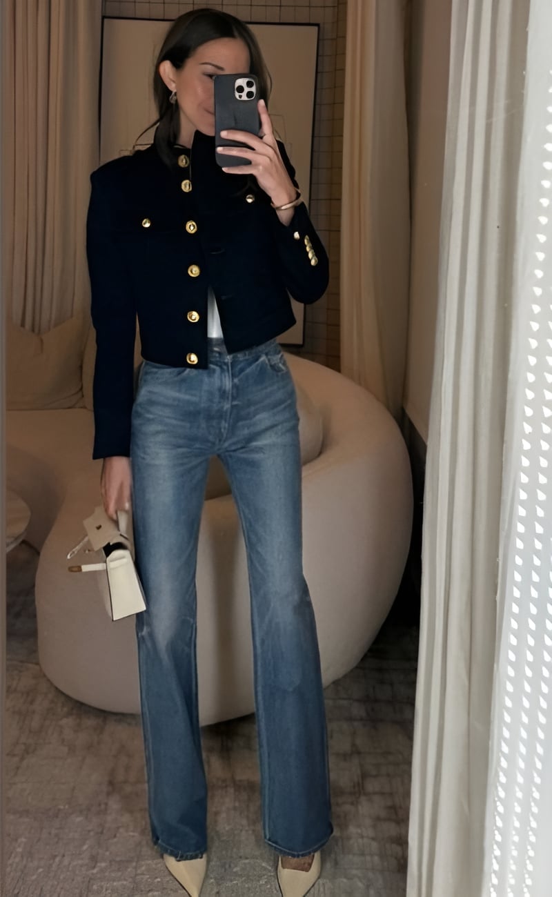 Navy Cropped Blazer with White T-Shirt and Flared Jeans — Trendy Old Money Outfits
