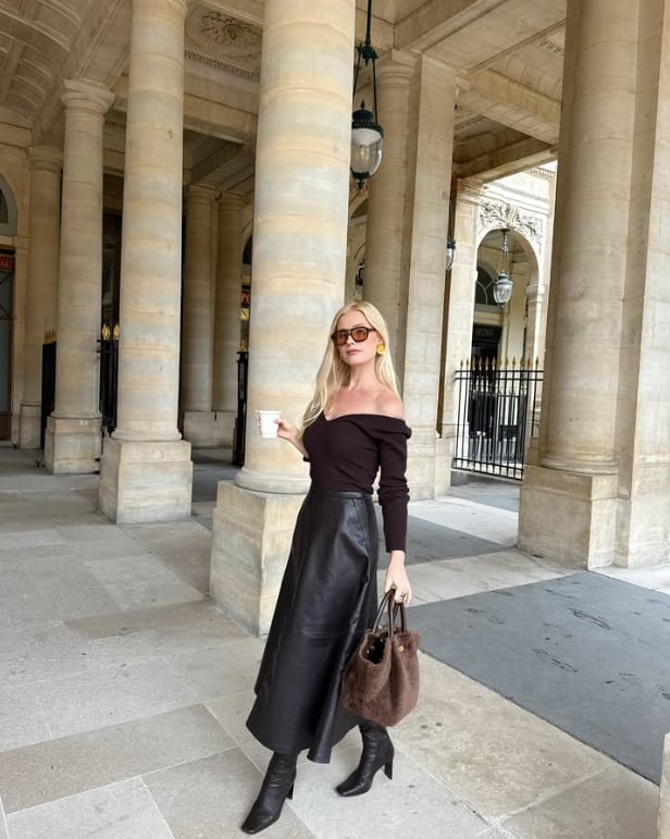 Off-the-shoulder Top with Black Leather Midi Skirt — Trendy Old Money Outfits