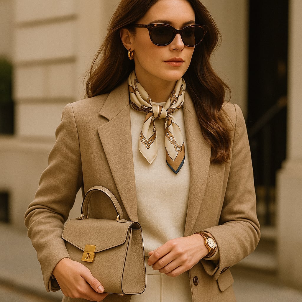 Beige Blazer with Cream Sweater and Silk Neck Scarf — Trendy Old Money Outfits