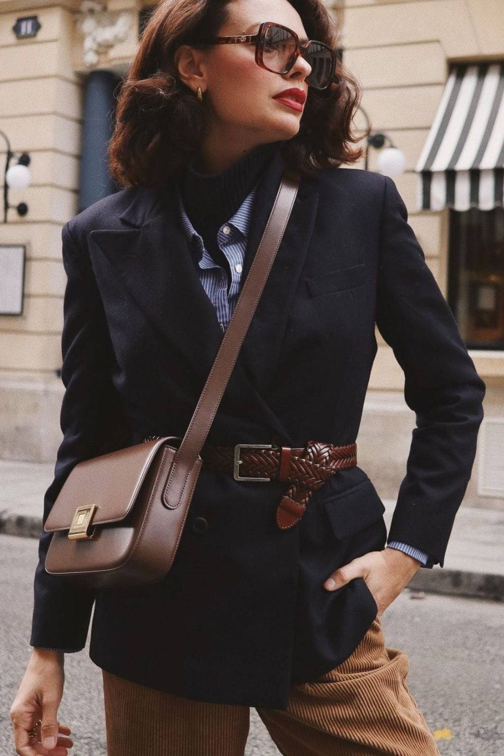 Navy Double-Breasted Blazer with Striped Shirt and Corduroy Trousers — Trendy Old Money Outfits