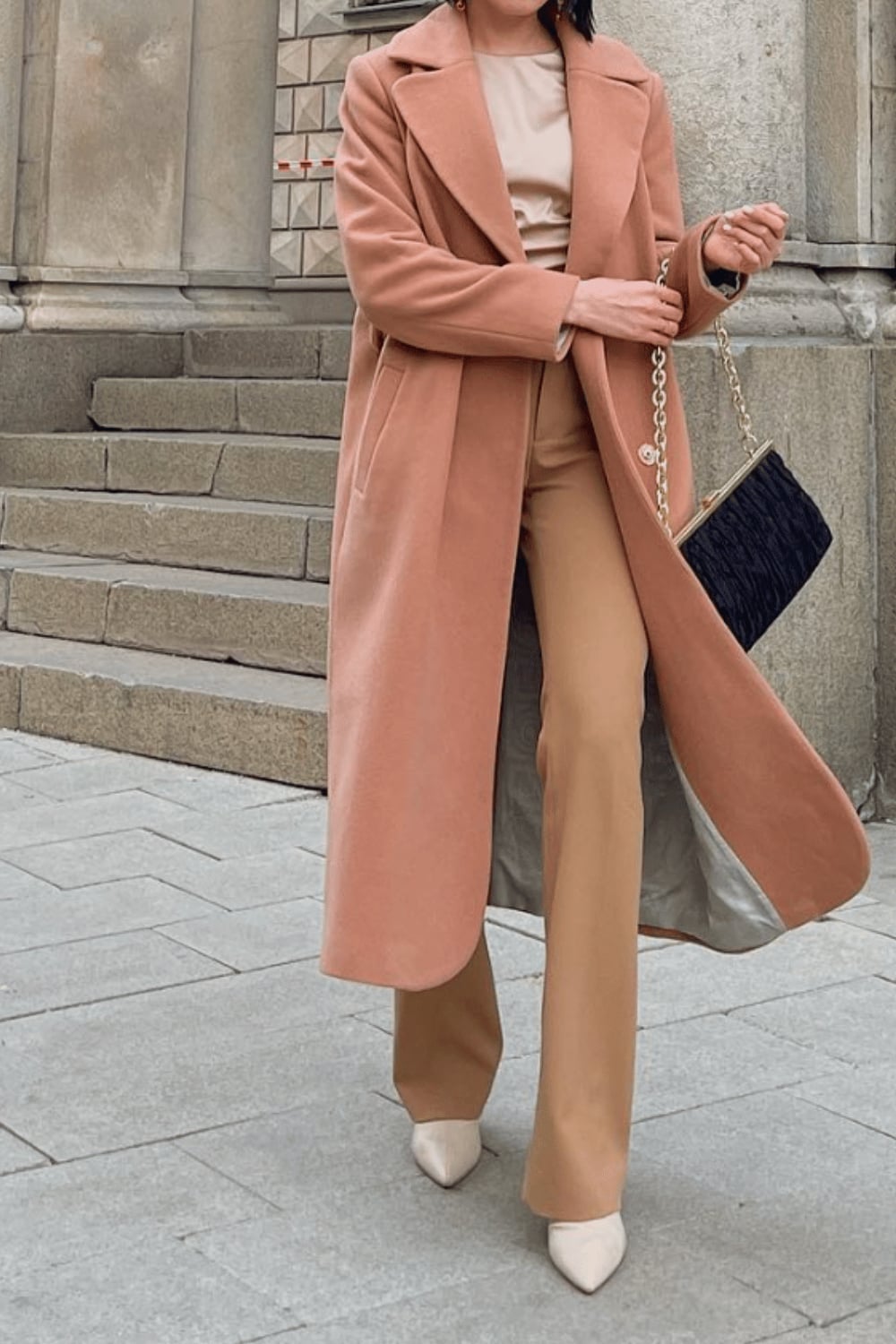 Soft Pink Wool Coat with Beige Knit Top and Wide-Leg Trousers — Trendy Old Money Outfits