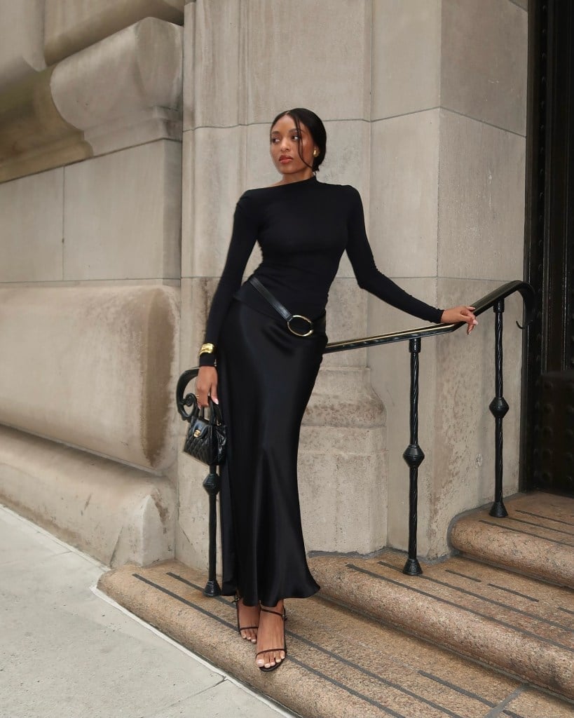Black Mock Neck Top with Satin Maxi Skirt and Gold Belt — Trendy Old Money Outfits