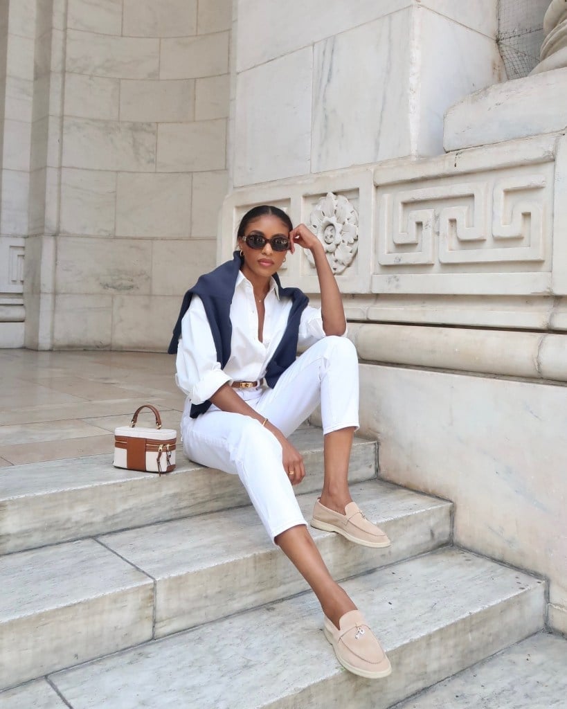 White Shirt with Cropped Trousers and Draped Navy Sweater — Trendy Old Money Outfits