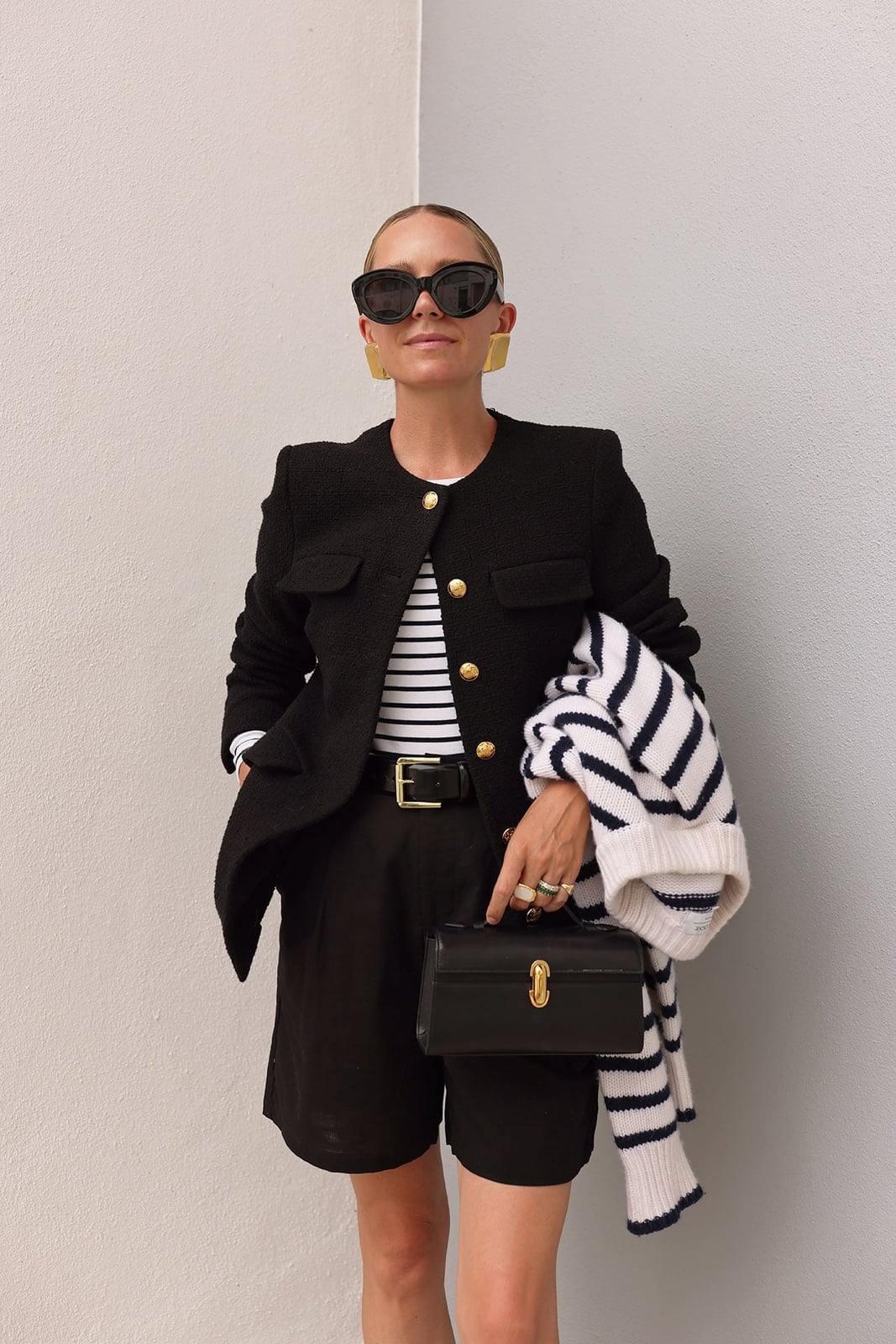 Black Tweed Jacket with Striped Sweater and Shorts — Trendy Old Money Outfits