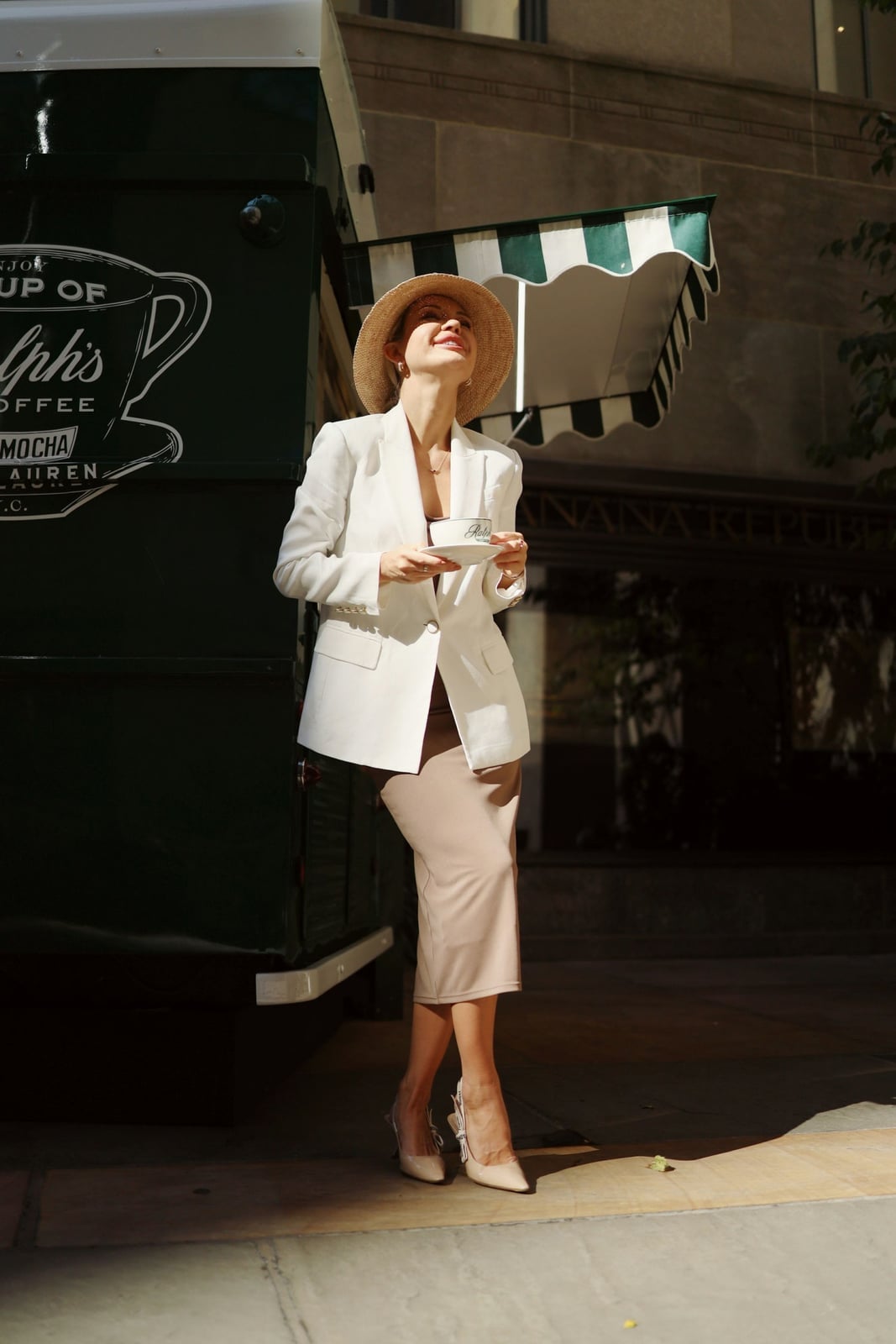 White Blazer with Black Top and Beige Pencil Skirt — Trendy Old Money Outfits